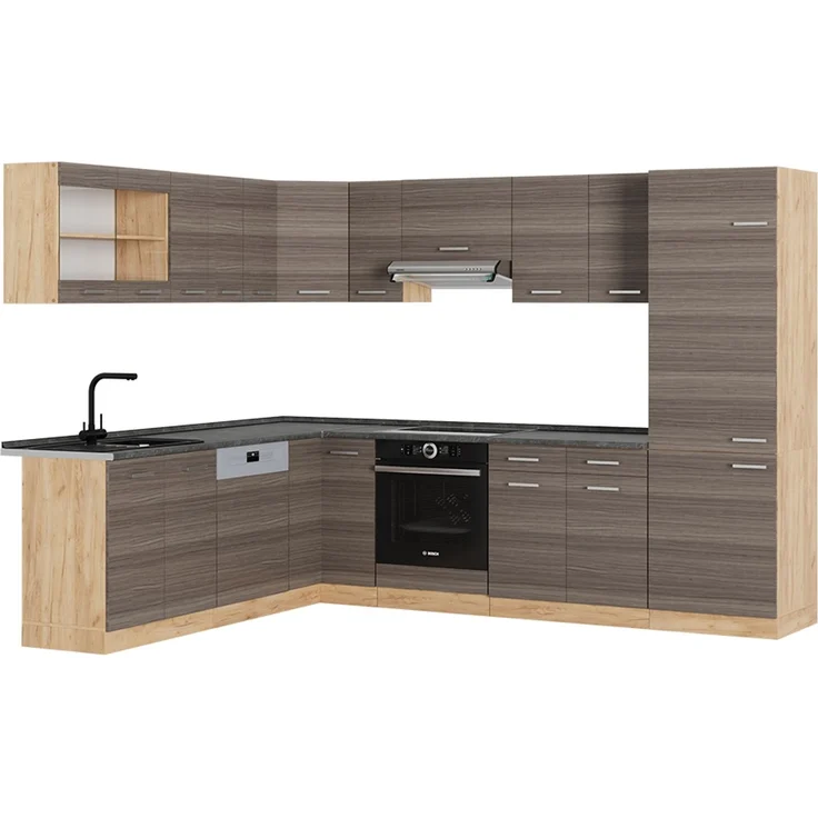 Eckküche R-Line Edelgrau/Goldkraft Eiche 287 x 60 cm , AP Anthrazit Vicco – Bild 1