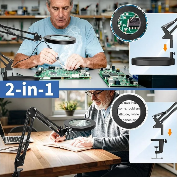 Toomoke Lupenlampe Lupenleuchte, Klemmleuchte für Lesen und Präzisionsarbeit, Arbeitslupe, Tischlupe für Nähen, Basteln, Elektronik und Kosmetik, 10-fach, 4,3 Zoll Glaslinse, 10 W, 72 LEDs, 3 Lichtfarben – Bild 2