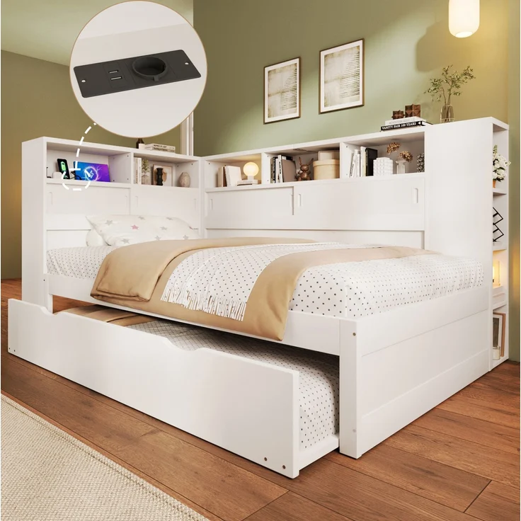 CHICFURN Bett 90x200 cm aus MDF und Spanplatte Weiß mit Ausziehbett, Stauraum und USB-Anschluss – Bild 2