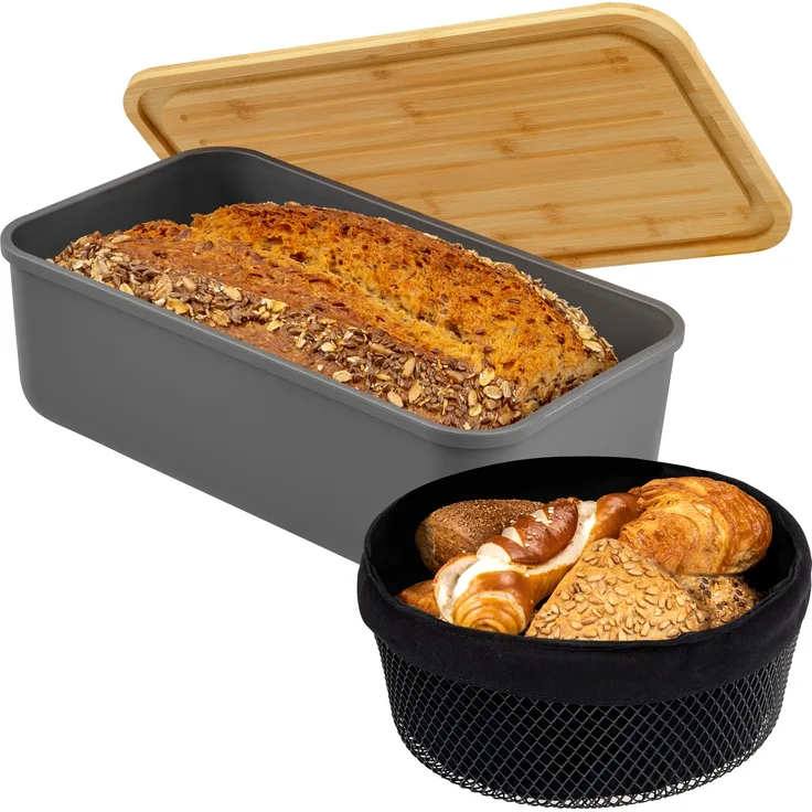 2tlg. Brotaufbewahrungs-Set - Brotkasten und Brotkorb (Kunststoff/Metall, grau)