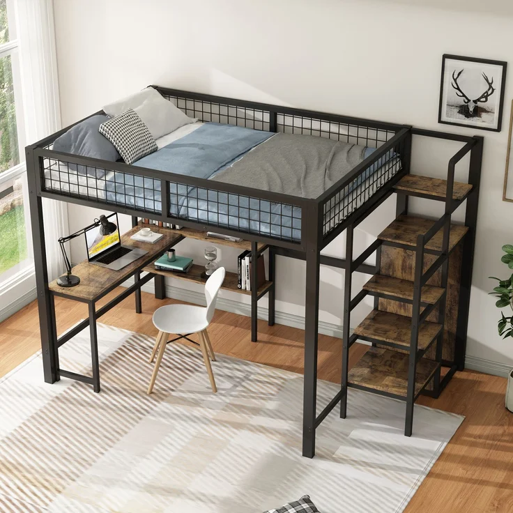 Hochbett, 140*200 cm, Eisenbett, Ablageleiter, mehrere Regale, Ohne Matratze, Einbauschrank, Schreibtisch, schwarz – Bild 2