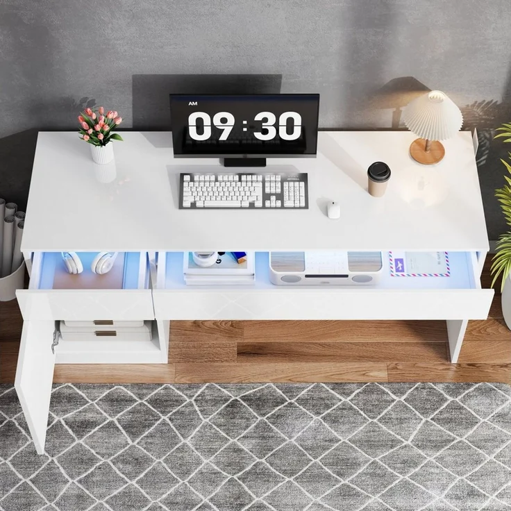 Flieks Schreibtisch Computertisch Arbeitstisch Bürotisch mit LED-Beleuchtung (120x50x78 cm, 1-St, 1 Tisch), Multifunktionstisch mit 2 Schublade und 1 Türen hochglänzend Weiß – Bild 3