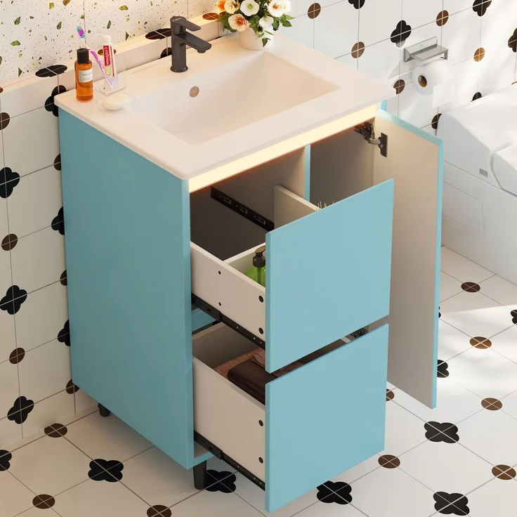 61*46.5*87cm, freistehender Badezimmerwaschtisch, komplett lackierte Oberfläche, integriertes Keramikbecken, Soft-Close-Scharniere, zwei Schubladen, hohes Fußdesign, blau. – Bild 3