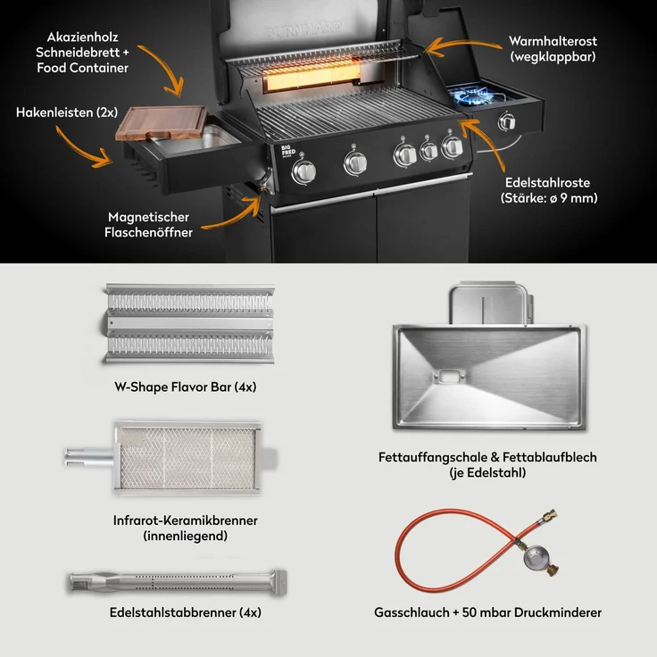 BURNHARD® 'Big FRED Deluxe' Gasgrill, 4-Brenner, Infrarot-Keramikbrenner, Seitenkochfeld, 70 × 41,5 cm Grillfläche – Bild 4