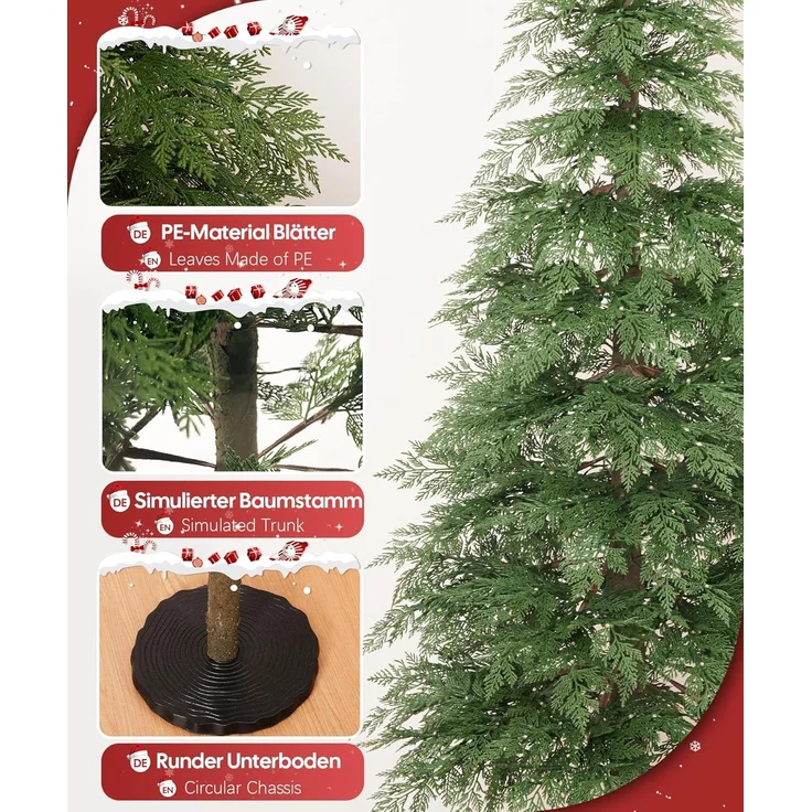 Yorbay Künstlicher Weihnachtsbaum 180cm Weihnachten Baum Deko mit LED Beleuchtung, Schmal PE Christbaum, Tanne, Naturgetreuer PE Weihnachtsbaum mit Scheibenbasis für Heim Geschäft – Bild 3
