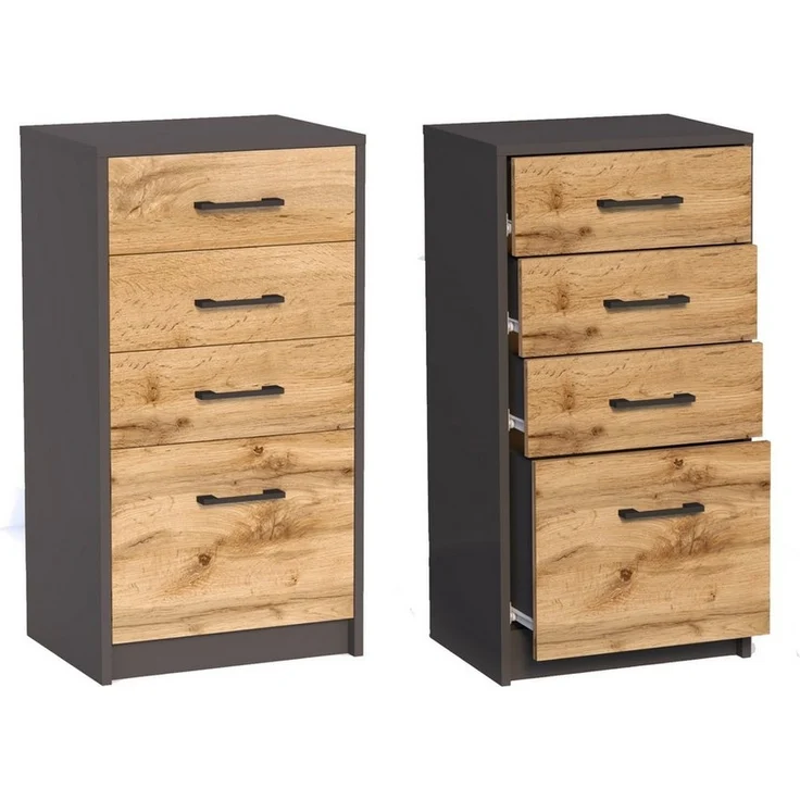 Home Collective Kommode mit 4 Schubladen mit matter Oberfläche, Kommode 45cm breit Holz (Schlafzimmer Wohnzimmer Flur Büro Organizer, Metallrollen mit Auszugsstopp), Schrank Kommode mit Schubladen Sideboard Highboard graphit Eiche – Bild 2