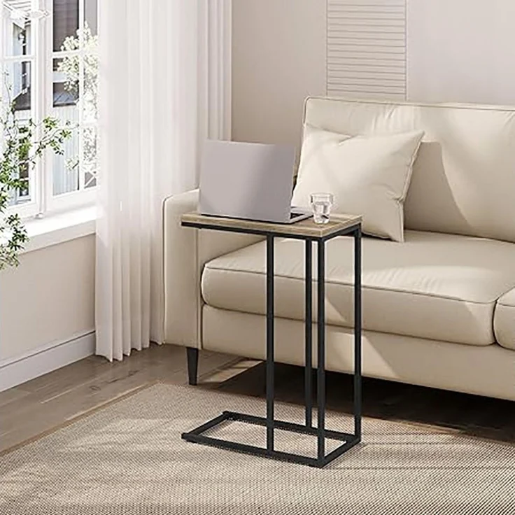 WOLTU Beistelltisch, Couchtisch C Form, Wohnzimmertisch mit Metallgestell, Sofatisch Kaffeetisch, für Kaffee und Laptop, 45 x 63,5 x 25 cm, Graue Holzoptik + Schwarz – Bild 3