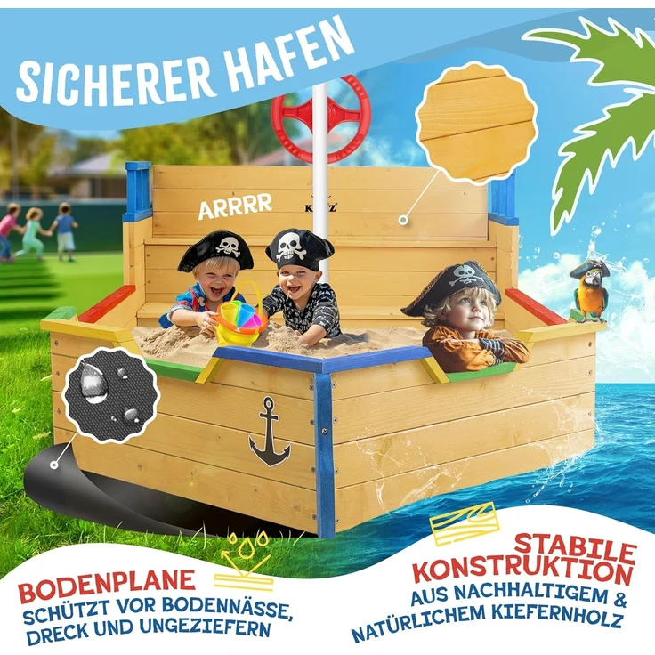 KIDIZ Sandkasten 'Ahoi - Piratenschiff', Tannenholz Natur, 195 x 94 x 136 cm – Bild 4