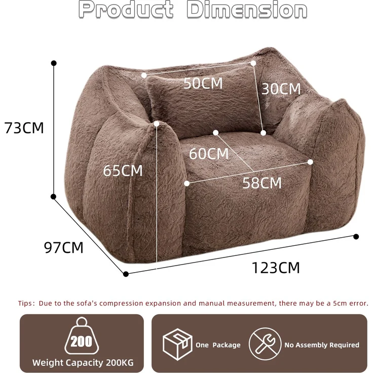 Sitzsack 123cm×97cm×73cm mit Kissen – Loungesessel aus Kunstfell in Khaki, weich und formstabil – Bild 6
