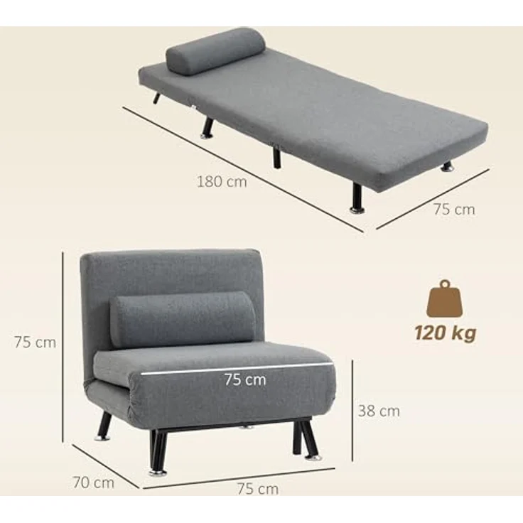 HOMCOM Sessel Schlafsofa, Klappmatratze, Bett, Gästebett (Klappbett, 1-St, Schlafsessel), für Wohnzimmer, Dunkelgrau – Bild 4