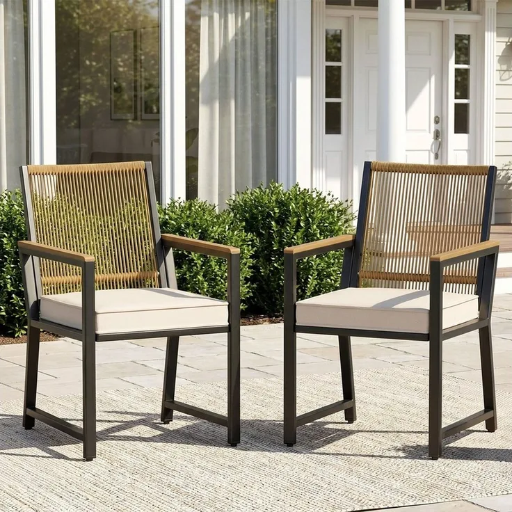 TLGREEN Gartenstuhl Rattan,Wetterfest, Balkonstuhl mit WPC Armlehne, (Outdoor Stuhl mit abnehmbar Kissen, Essstühle aus Metall, 2 St), bis 160 kg belastbar, für Terrasse, Garten, Balkon,Pool