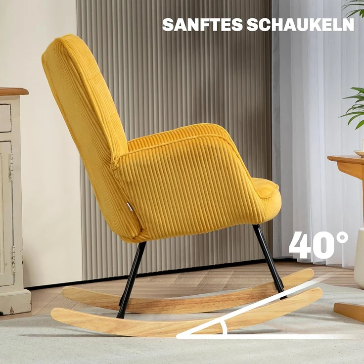 HOMCOM Schaukelstuhl Sessel mit Kord-Optik, Armlehne, Holzkufen (Schaukelsessel, 1 St), für Wohnzimmer, Schlafzimmer, Gelb – Bild 4