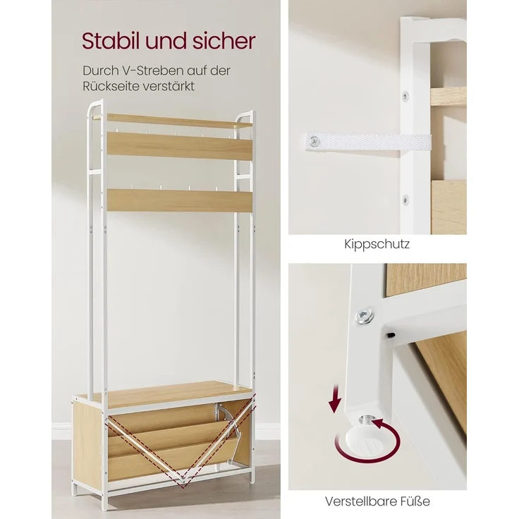 Vasagle Garderobenständer mit Schuhschrank, Garderobe mit Sitzbank, Kleiderständer, Schuhkipper, 9 Haken, obere Ablage, für Flur, Schlafzimmer, modernes Design, eichenfarben-weiß von Songmics RSH405W09 – Bild 7