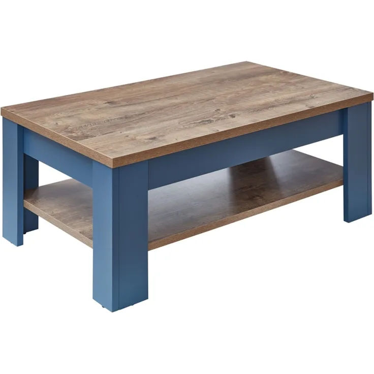 Stella Trading Dijon Couchtisch in Parisian Blue, Haveleiche Cognac Optik - Moderner Sofatisch für Ihren Wohnbereich - 110 x 42 x 65 cm (B/H/T)