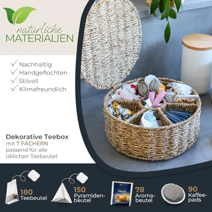 HMF Teebox Teebox für Teebeutel geflochten aus Seegras, Seegras, Tee Aufbewahrungsbox mit 7 großen Fächern, 27 x 27 x 11 cm – Bild 3