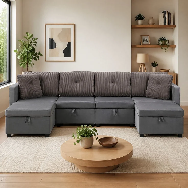 4-Sitzer Wohnlandschaft,H 85 x T 261 x B 132.5 cm, modular mit Samtbezug und Stauraum – Bild 7