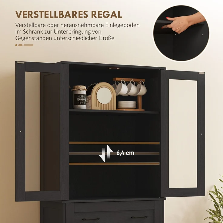 Rayofly-Küchenschrank Buffet mit Acrylfront & Schubladen, Schwarz, H 182,5cm x T 76cm x B 40cm – Bild 8
