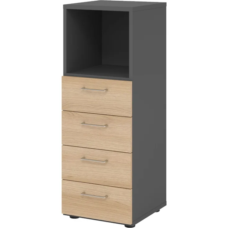 bümö smart Schubladenschrank, Büroschrank in Graphit/Eiche mit 4 Schüben & 1 Regalfach - Bürocontainer aus Holz, Container mit Metallgriffen & Soft-Stop Schubladen, 934S4-G-E-BS