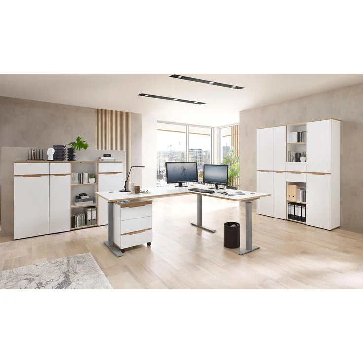 Komplettbüro MEMPHIS X 8-teilig in Weiß supermatt & Eiche inkl. Tisch – Bild 1