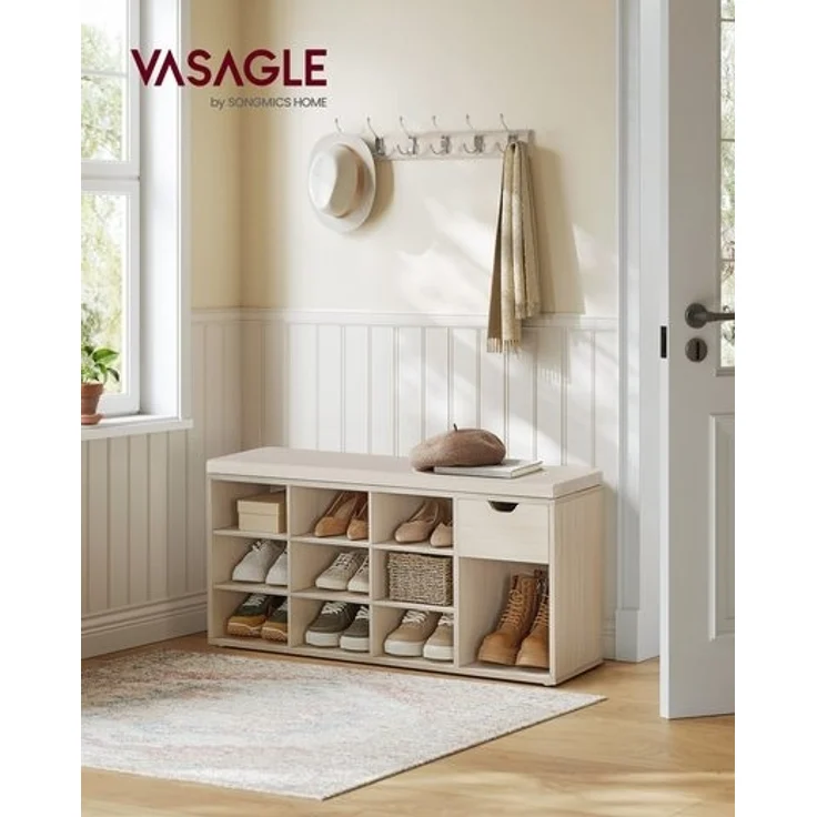 Vasagle Schuhbank, Schuhregal mit Schublade und offenen Fächern, Sitzbank, gepolsterter Sitz, Flur, Schlafzimmer und Eingangsbereich, 30 x 104 x 48 cm, naturbeige-cappuccinobeige LHSDE024K03 – Bild 2