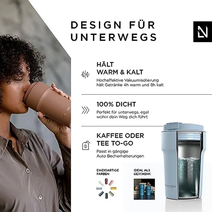 LARS NYSØM Thermo Kaffeebecher to go 380ml | Travel Mug 0,38 Liter mit Vakuumisolierung | Auslaufsicherer Edelstahl Thermobecher für Kaffee und Tee unterwegs | Sky Blue – Bild 2