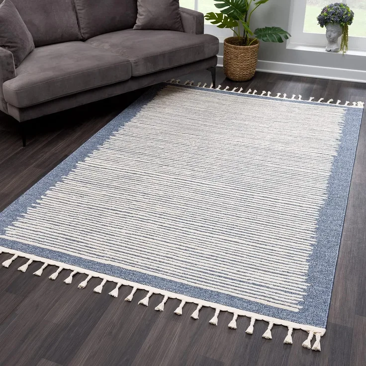 Teppich Wohnzimmer mit Fransen Deko Boho – Blau Cream-Streifen – 160x230cm - Kurzflor Schlafzimmer Flur Dekoration Läufer - Skandinavische Teppiche