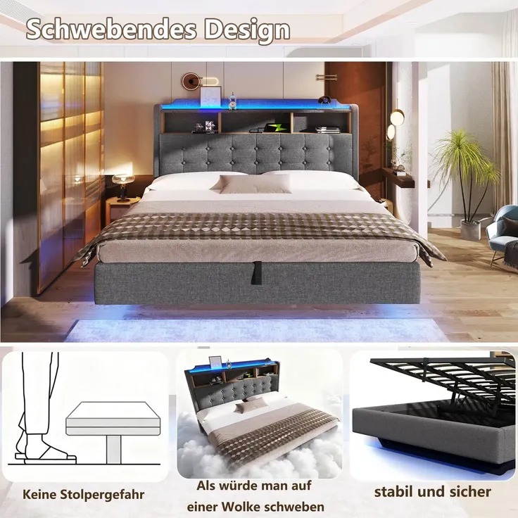 Polsterbett mit LED-Streifen, Type-C, USB und Stauraum, in schwebender Optik, gepolsterter Kopfteil, 180x200 cm, Doppelbett, Stauraumbett, Leinen – Bild 5