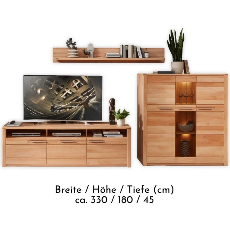 Wohnwand >Nature One< 3-teilig, mit LED, FSC, in Kernbuche teimassiv - 330x180x45cm (B/H/T) – Bild 3