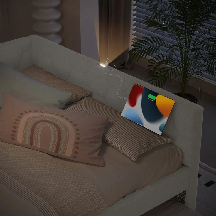 Daybett, 140*200cm Tagesbett, Schlafsofa, Bett mit Lattenrost (ohne Matratze), mit Nachttischlampe, mit multifunktionalem Ausziehbett, USB-Anschluss, Typ-C, Komfortmaterial, Vliesimitat, Weiß – Bild 7
