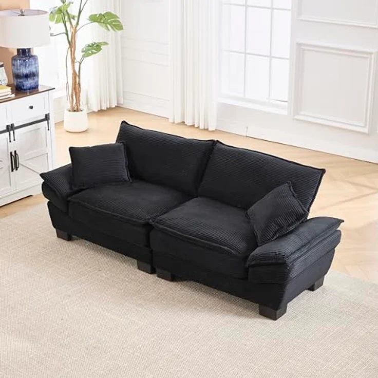 Ball & Cast Couch mit Schlaffunktion, Samt Sofa 2 Sitzer mit Kissen für das Wohnzimmer Wohnung Schlafzimmer, 224 x 81 x 81 (BxHxT), Schwarz – Bild 5