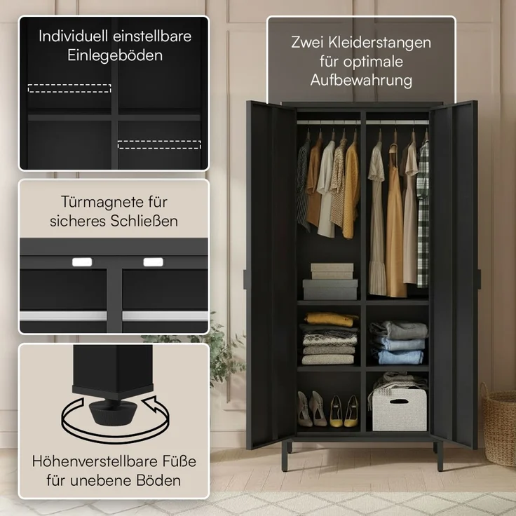 skølm 'Ituri' Kleiderschrank, Metall, 170x45x80 cm, schwarz, Garderobe mit 4 Fächern und 2 Kleiderstangen – Bild 3