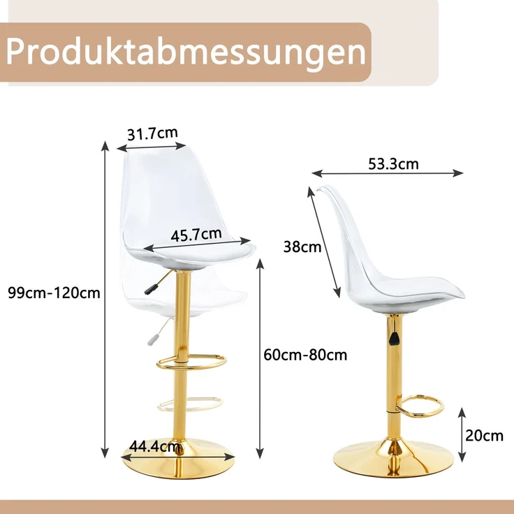 Moderner verstellbarer Barhocker-Satz, 2 Stück mit transparenten Kunststoffrücken und PU-Ledersitzen, goldfarbigen Metallbeinen, Höhenverstellbar und 360° drehbar, geeignet für Küchen, Bistros usw.--Gold, Transparent--45.7x53.3x63.5cm--YOUDENOVA – Bild 4