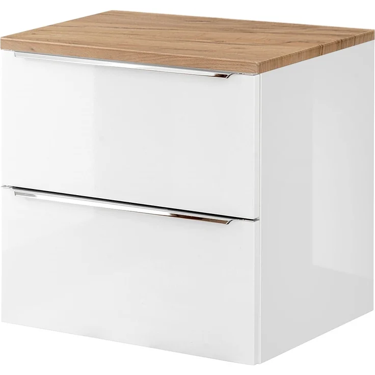 Waschtischunterschrank 61cm mit 2 Auszügen TOSKANA-56 in Hochglanz weiß mit Wotaneiche, B/H/T ca. 61/59,5/46 cm – Bild 9