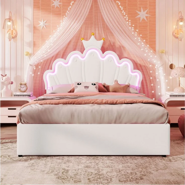 STILVORA Kinderbett 140x200 Polsterbett mit matratze,Bettgestell mit 2 Schubladen,weiß (Polsterbett, für Kinder, mit 16 Farben LED-Licht, 2 Schubladen,verstellbarem Kopfteil und Kronen-Design, 140*200cm), mit Matratze – Bild 2