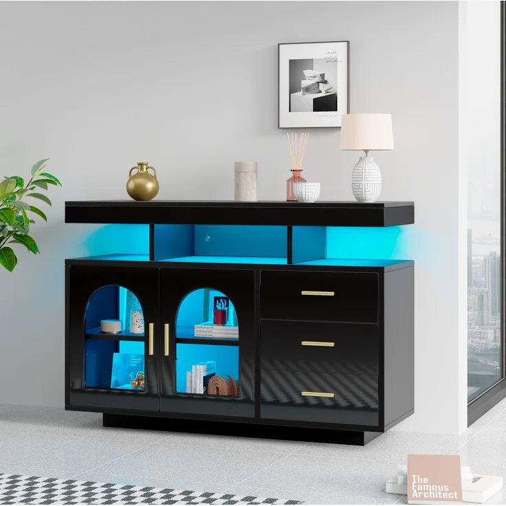 DESVIAE Sideboard mit RGB-LED-Beleuchtung und 3 Schubladen 120x80x40 cm Spanplatte Schwarz – Bild 3