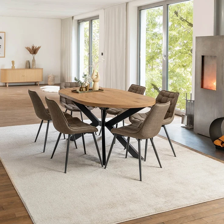 HOME DELUXE Essgruppe Oval Ausziehbar inkl. Sternfuß - 160 x 100 cm Light Oak 6 Stühle Grau / Braun – Bild 1