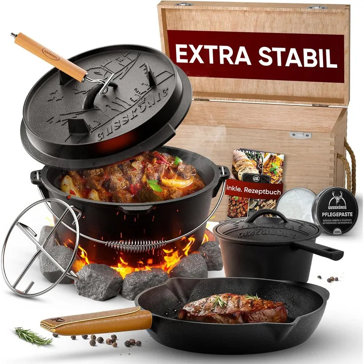 GUSSKÖNIG Dutch Oven in Holzbox 9tlg. mit Bratpfanne Saucentopf Untersetzer Deckelheber