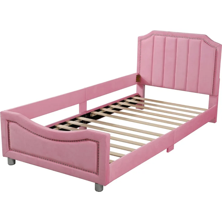 Kinder Polsterbett mit Bogendesign, Flanellbezug, dekorativen Nieten, weichem Rahmen, vielseitig nutzbar als Schlafsofa – Bild 6
