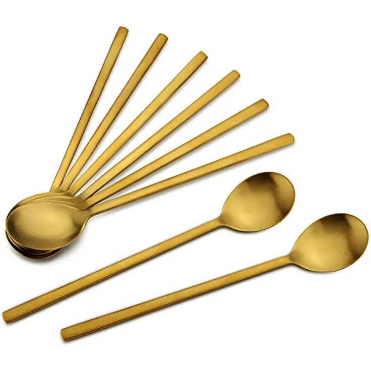 Löffel, 8 Stück Edelstahl Koreanischer Löffel, 21,6 cm Suppenlöffel, Metalllöffel, lange Esslöffel, Reislöffel, Tischlöffel, Bouillonlöffel für Zuhause, Küche oder Restaurant (Golden)
