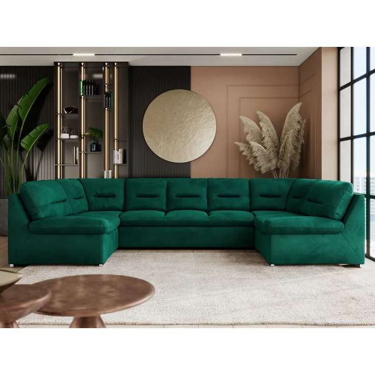 Ecksofa, Sofa big XXL, Wellenfedern, Wohnlandschaft XXL, mit Schlaffunktion - COMODO U - Dunkelgrün Velours - Topper T25