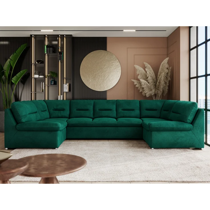 Ecksofa, Sofa big XXL, Wellenfedern, Wohnlandschaft XXL, mit Schlaffunktion - COMODO U - Dunkelgrün Velours - Topper T25 – Bild 1
