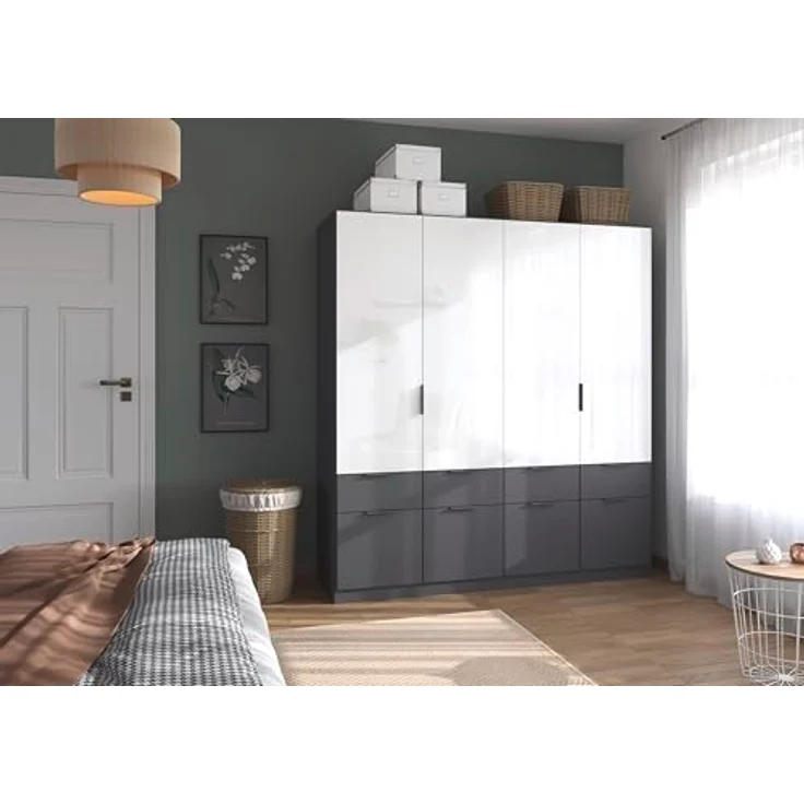 Rauch Möbel Aberdeen, Drehtürenschrank, Kleiderschrank, Garderobe, 4-türig, 8 Schubladen in Absetzung Grau metallic, Schwarz, Farbe Grau metallic/Hochglanz weiß, Griffe Grau metallic, 181 x 197 x 54 cm – Bild 5