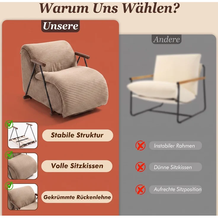 LVHOM Relaxsessel mit Lattenrost, ergonomischer Fernsehsessel, gepolsterter Loungesessel mit Armlehnen, XXL Lesesessel für Wohn- und Schlafzimmer, Cord Braun – Bild 5