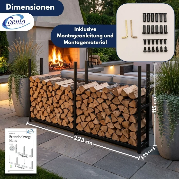 Coemo Brennholz Regal Hans Kaminholzregal mit Abdeckplane Metall 2 Segmente 25 x 223 x 115 cm – Bild 5