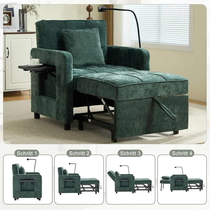 LVHOM Multifunktionaler Schlafsessel mit klappbarer Ablage, Ausziehbares 1-Sitzer Schlafsofa mit Handyhalter und Seitentaschen, Loungesessel, Dunkelgrün – Bild 3