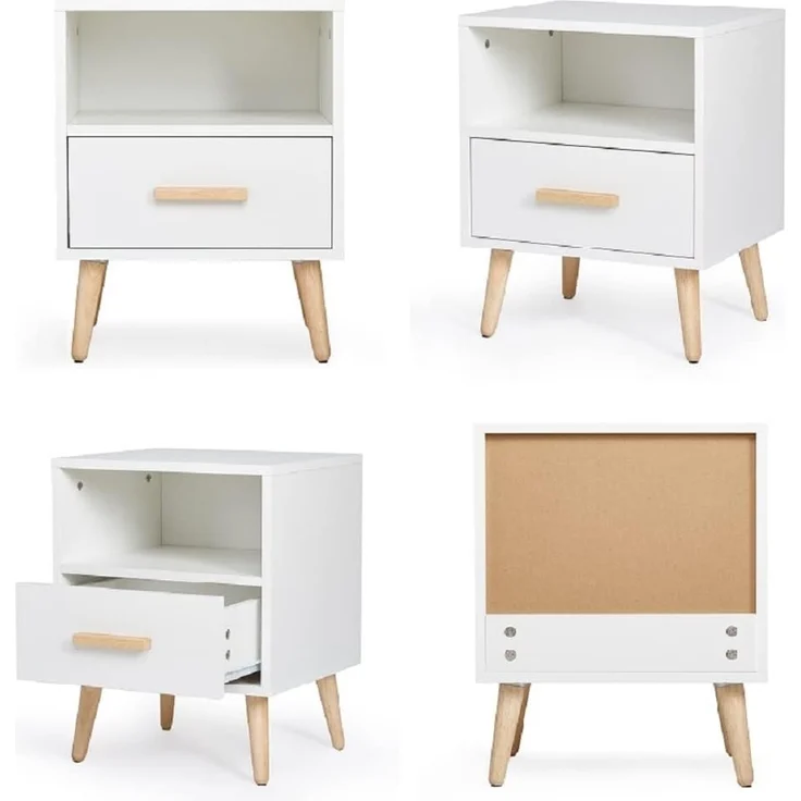 Mondeer Nachttisch, Nachtschrank mit 1 Schublade und 1 Offenem Fach, Holz Modern Nachtkommode mit Massivholzfüßen, Beistelltisch für Schlafzimmer Wohnzimmer, 40 x 30 x 51 cm, Weiß – Bild 5