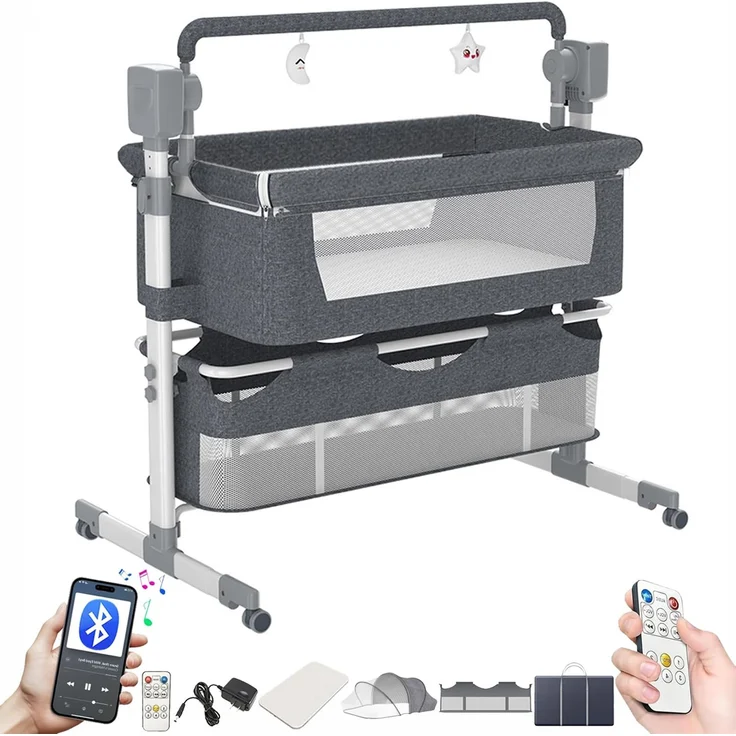 Magic ZC Elektrische Bluetooth Intelligent Beistellbett Baby mit Rollen, Faltbar Co-Sleeping Babybett, Convertible Stubenwagen Wiege mit Fernbedienung, Musik, 5-schwankende Zahnräder (601 Grey)