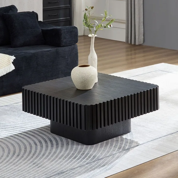 Square Fluted Coffee Table, Modern Ribbed Center Table with Solid Wood Stripe Accent, MDF with Wood Veneer Construction, Contemporary Accent Table for Living Room, Bedroom, and Office (Black)
