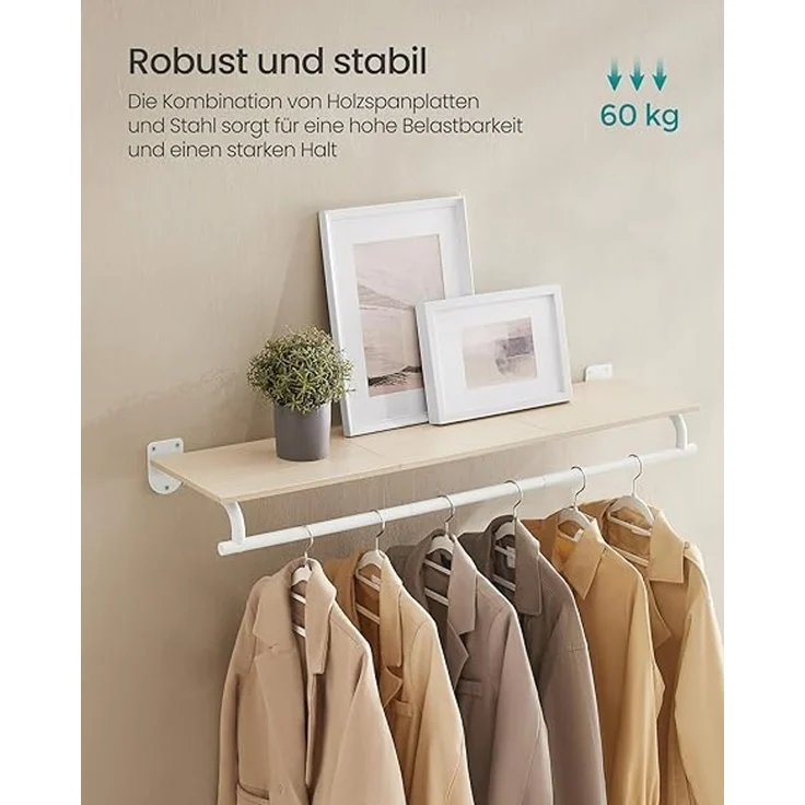 SONGMICS Wandgarderobe, Garderobe, Wandregal mit Kleiderstange, Gesamtbelastbarkeit 60 kg, 28 x 109 x 13,2 cm, für Schlafzimmer, Ankleidezimmer, naturbeige-wolkenweiß HSRDE135W01 – Bild 3