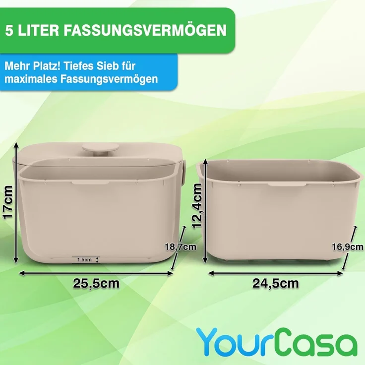 YourCasa Biomülleimer Küche 5L - Komposteimer Küche mit Sieb Spülmaschinenfest, Fassungsvermögen 5L, Spülmaschinenfest – Bild 7